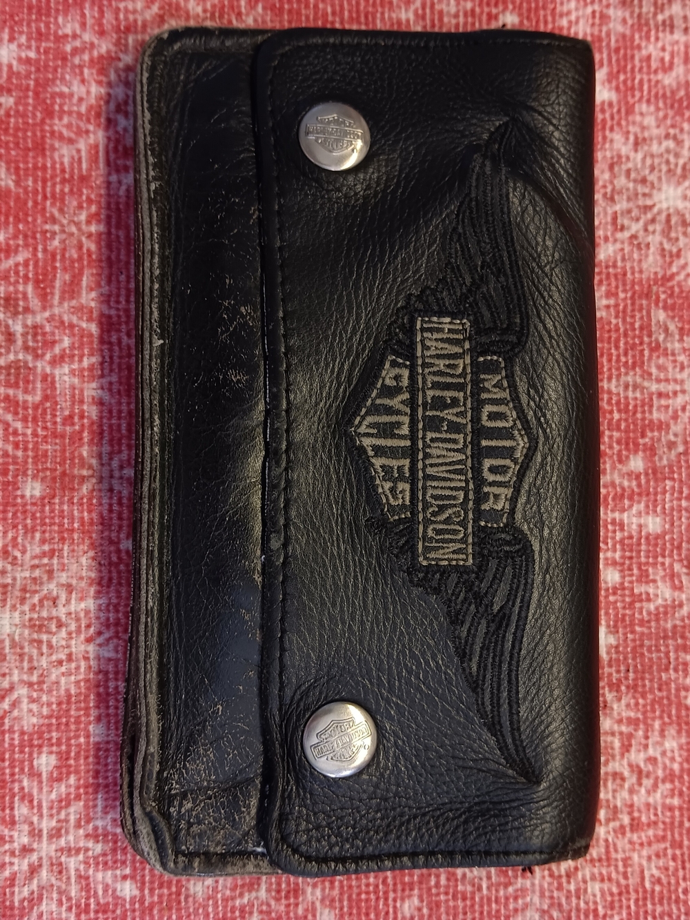 Vintage..Harley-Davidson Black Leather 32in Chain Wallet with Embroidered Logo..